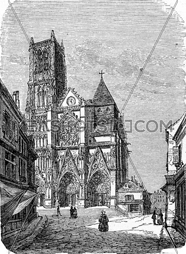 Meaux Cathedral in  Meaux, Seine-et-Marne, France. From Chemin des Ecoliers, vintage engraving, 1876.