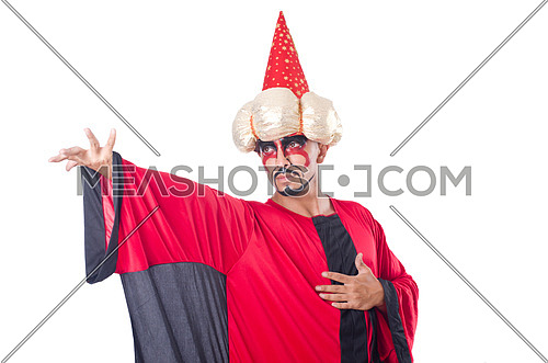 Wizard in red costume isolated on white