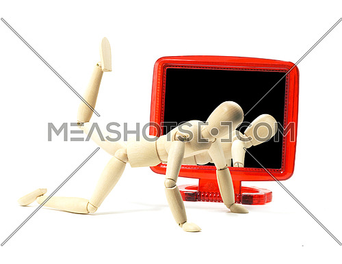 wood mannequin exercising in front of a mirror isolated on white background