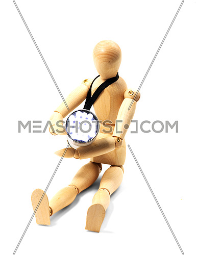 wood mannequin and flashlight isolated on white background