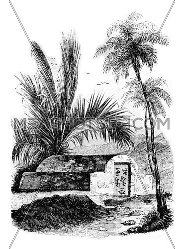 Chinese tomb at Ambon, Maluku Islands, vintage engraved illustration. Magasin Pittoresque 1842.