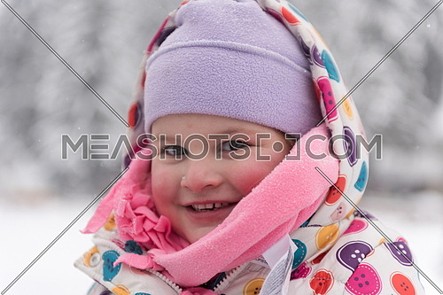 portrait of happy smiling little girl child outdoors having fun and playing on snowy winter day