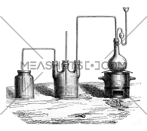 The apparatus for producing the chlorine gas, vintage engraved illustration. Magasin Pittoresque 1857.