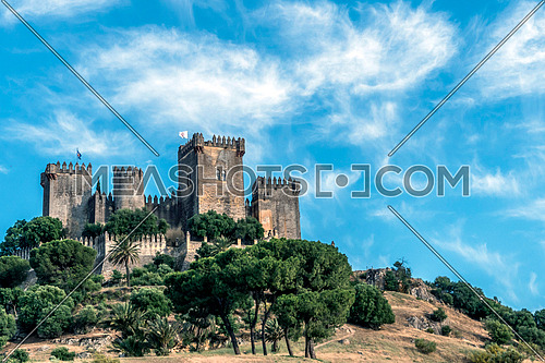 Almodovar del Rio, Crdoba, Spain - June 9, 2018: It is a fortitude of Moslem origin, it was a Roman fort and the current building has definitely origin Berber, of the year 760, Between the year 1901 and 1936 was restored by its owner, Rafael Desmaissieres y Farina, XII Count of Torralva, placed close to the Guadalquivir, take in Almodovar of the Rio,  Andalusia, Spain