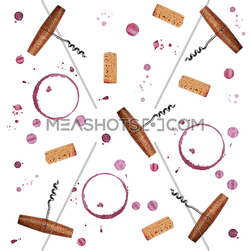 Pattern of red wine ring stains, drops, corks and bottle openers isolated on white background