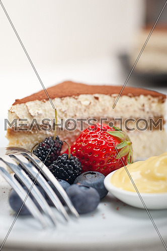 classic Italian tiramisu dessert with berries and custartd pastry cream on side