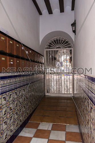 Cadiz Spain- April 2: entry to typical house of this city, popular architecture of the XIXth century, traditional architecture in Cadiz, Andalusia, southern Spain
