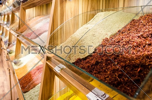 spices display in a shop in the Spice market with a variety of colourful and delicious spices are on display