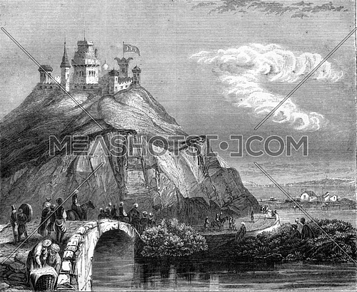 View of the fortress Sylivrie the banks of the Sea of Marmara, vintage engraved illustration. Magasin Pittoresque 1845.
