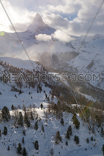 mountain matterhorn zermatt switzerland  with fresh snow on beautiful winter day