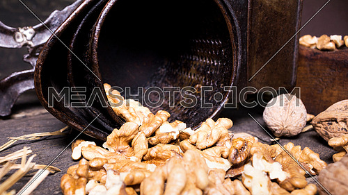 Wallnuts and hand walnuts grinderon a wooden surface