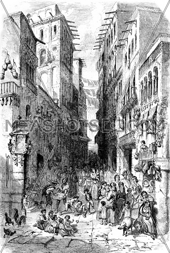The street bonito da San Lucia, Naples, vintage engraved illustration. Magasin Pittoresque 1861.