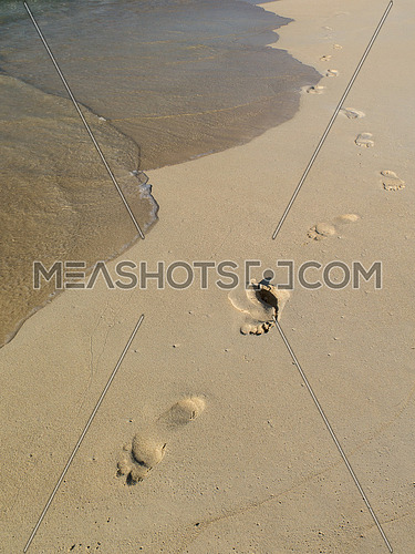 Footprints on sand beach with wave