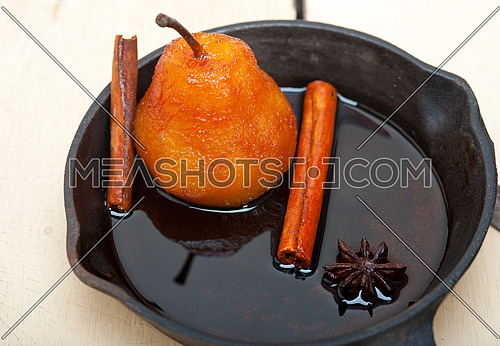 poached pears delicious home made recipe ove white  rustic wood table