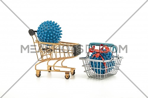 Virus molecule on a shopping cart and basket conceptual of the possibility of infection with corona virus or Covid-19 over a white background