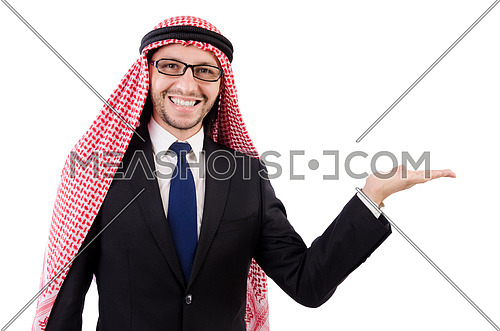 Arab man in specs holding hands  isolated on white