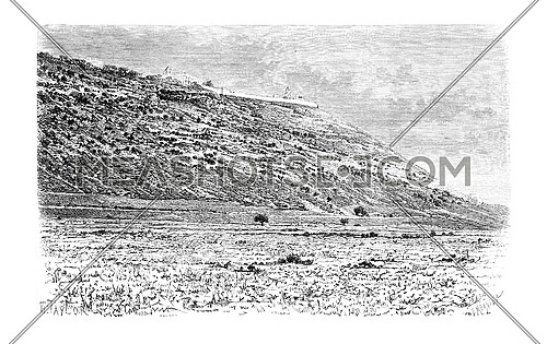Mount Carmel as Viewed from the City of Haifa in Palestine, vintage engraved illustration. Le Tour du Monde, Travel Journal, 1881