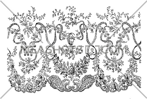 Lace Veil, This is a portion of the border, It is delicately designed with flowers, vintage line drawing or engraving illustration.