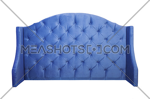 Shaped indigo blue color soft velvet fabric capitone bed headboard of Chesterfiels style sofa isolated on white background, front view