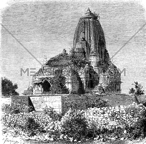 Vrij temple in Chittorgarh, vintage engraved illustration. Le Tour du Monde, Travel Journal, (1872).