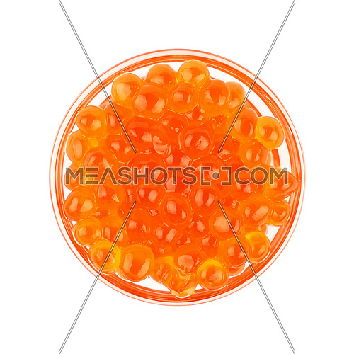 Close up glass bowl of salmon fish red caviar isolated on white background, elevated top view, directly above