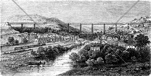 Crumlin Viaduct, vintage engraved illustration. Le Tour du Monde, Travel Journal, (1865).