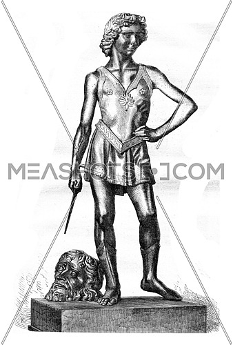 David winner of Goliath bronze statue of Andrea Verrocchio, the Florence National Museum, vintage engraved illustration. Magasin Pittoresque 1877.