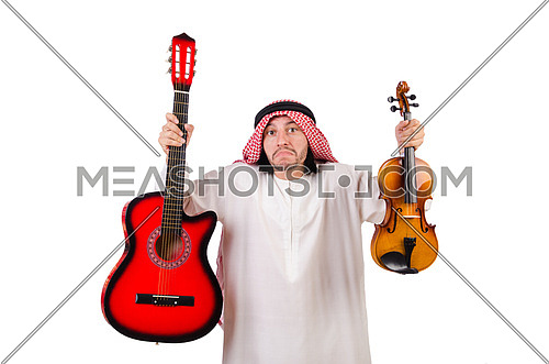 Arab musician with violin and guitar isolated on white