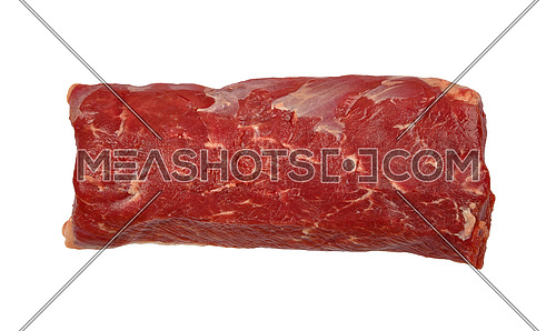 Close up raw lamb or mutton meat fillet cut steak isolated on white background, elevated top view, directly above