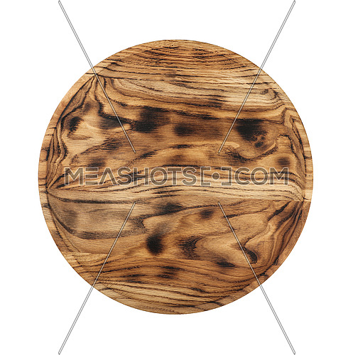 Close up of one big round shaped brown used oak wood kitchen cutting board with dark burn stains and knife cut traces isolated on white background