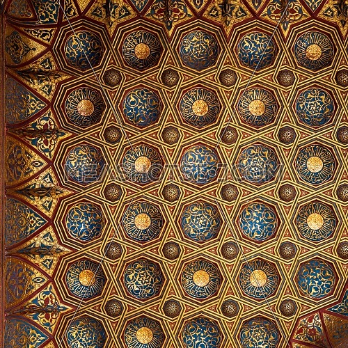 Golden floral pattern decorations of ceiling of Mausoleum of Sultan Qalawun, Medieval Cairo, Egypt