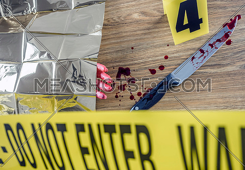 Murder scene for cutting weapon, gory hand along with a knife with blood, conceptual image