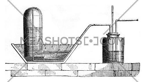 An apparatus for collecting the chlorine in the water, vintage engraved illustration. Magasin Pittoresque 1857.