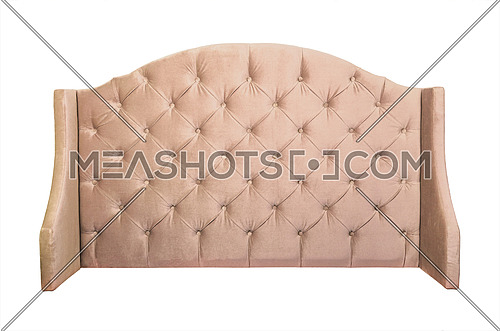 Shaped pastel beige color soft velvet fabric capitone bed headboard of Chesterfiels style sofa isolated on white background, front view