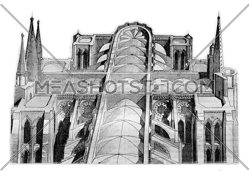 Anterior and posterior part of the cathedral of Chartres since the fire on 4 and 5 June View taken of one of the drivers, vintage engraved illustration. Magasin Pittoresque 1836.