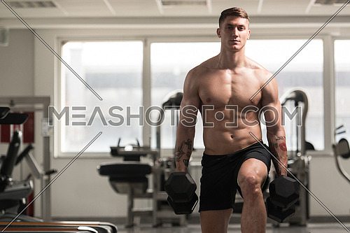 Young Man Working Out Legs With Dumbbells In A Gym - Squat Exercise