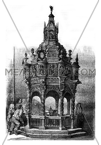 Oak baptistery of the church of Guimiliau, Finistere, vintage engraved illustration. Magasin Pittoresque 1878.