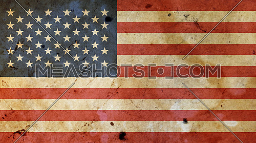 Old grunge vintage American US national flag graffiti over background of aged worn weathered linen sailcloth canvas