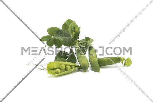 Fresh green pea pods and peas isolated on white background