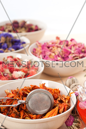 Herbal natural floral tea infusion with dry flowers ingredients