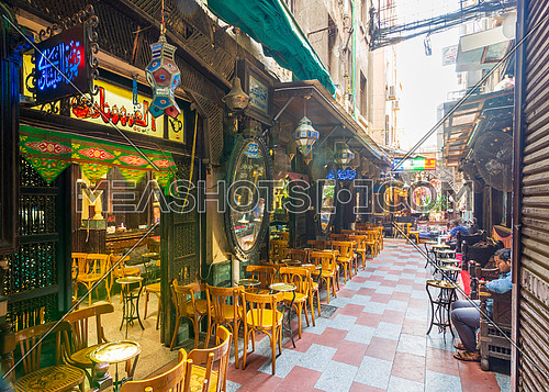 Cairo, Egypt- September 25 2021: Old famous coffeehouse, El Fishawi, located in historic Mamluk era Khan al-Khalili famous bazaar and souq