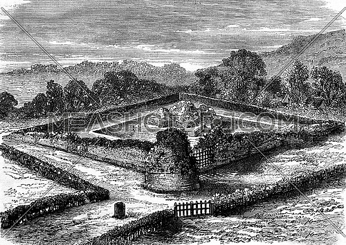 General view of the fortified camp of Jublains, vintage engraved illustration. Magasin Pittoresque 1878.