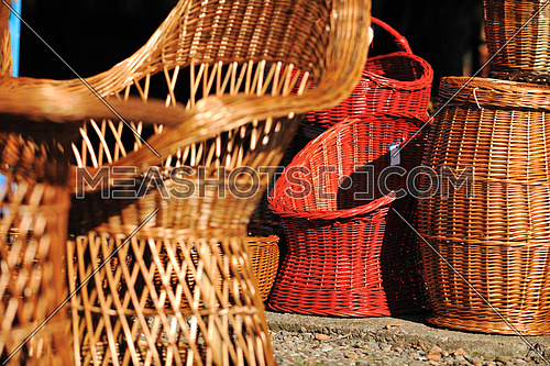 cane furniture and bottle with wood decoration outdoor in nature