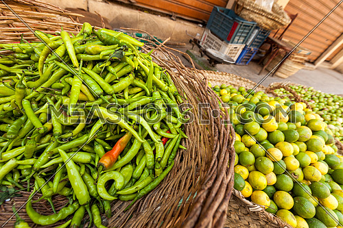 chili pepper and lemon in an outdoor market