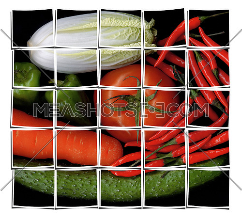assorted vegetables on black background collage composition of multiple images over white