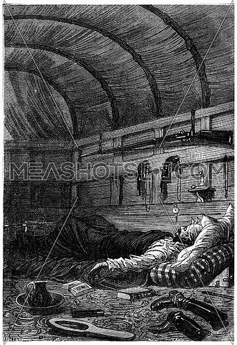 He soon fell asleep, vintage engraved illustration. Jules Verne 3 Russian and 3 English, 1872.