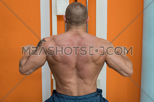 Muscular Young Man Doing Heavy Weight Exercise For Back