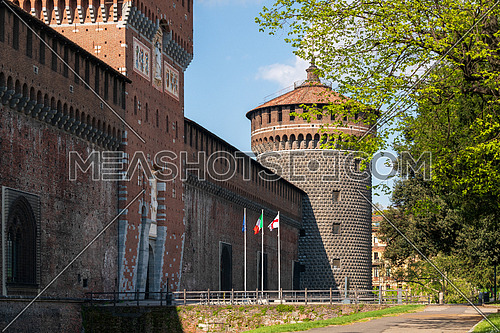Main entrance to the Sforza Castle - Castello Sforzesco sunny day, Milan, Italy