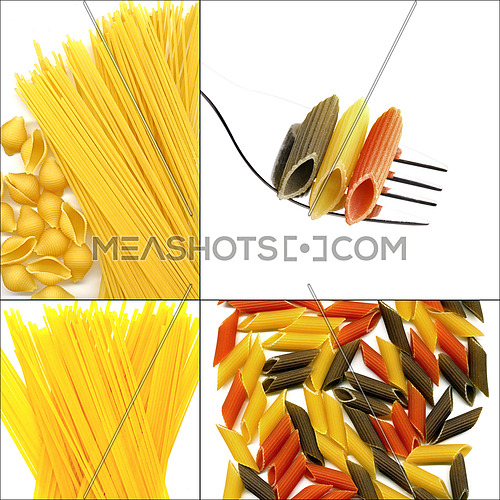 various type of Italian pasta collage on a square frame