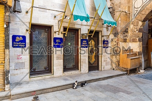 Cairo, Egypt- June 26 2020: Modern famous Naguib Mahfouz coffeehouse, located in historic Mamluk era Khan al-Khalili famous bazaar and souq, closed during coronavirus lockdown